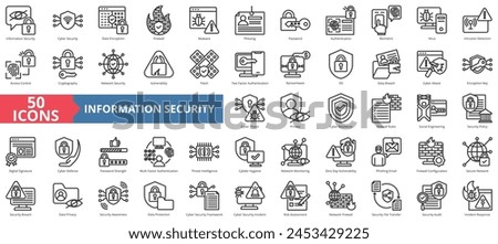 Information security icon collection set. Containing cyber, data encryption, firewall, malware, phishing, password, authentication icon. Simple line vector.