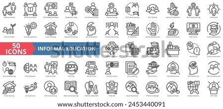 Informal Education icon collection set. Containing community classes, skill building workshops, independent study, non formal, training, self directed, peer teaching icon. Simple line vector.