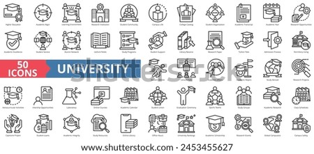 University icon collection set. Containing higher education, learning environment, research institution, student community, campus life, college catalog, organization icon. Simple line vector.