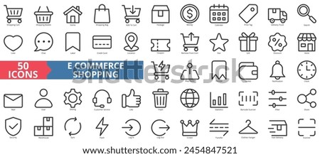 Ecommerce shopping icon collection set. Containing cart, basket, home, bag, package, money, calendar icon. Simple line vector.