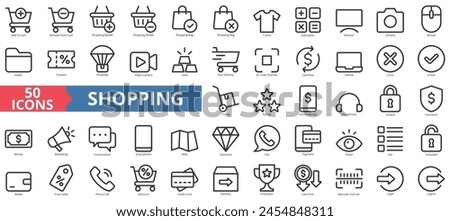 Shopping icon collection set. Containing add to cart, remove, basket, bag, t shirt, calculator, monitor icon. Simple line vector.