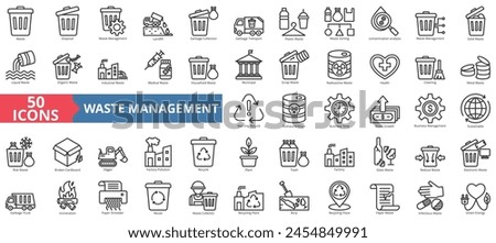 Waste management icon collection set. Containing disposal, landfill, garbage collection, transport, plastic, sorting, contamination icon. Simple line vector.
