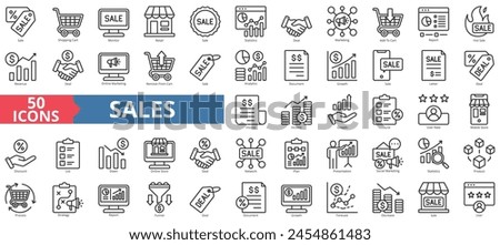 Sales icon collection set. Containing sale, shopping cart, monitor, retail, statistics, deal, marketing icon. Simple line vector.