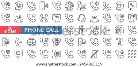 Phone call icon collection set. Containing chat, ringing, dial, telephone receiver, add contact, timer, favorite icon. Simple line vector.