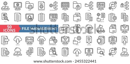 File management icon collection set. Containing data, folder, lock, login, sync, lock, search icon. Simple line vector.