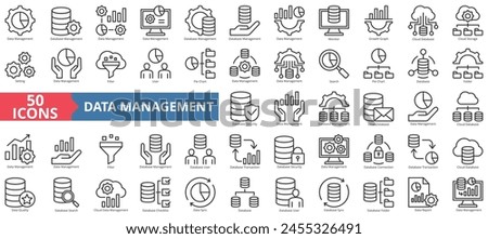 Data management icon collection set. Containing database, monitor, growth graph, cloud, storage, setting, filter icon. Simple line vector.