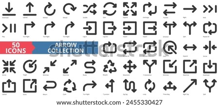 Arrow icon collection set. Containing download, upload, refresh, reload, shuffle, sync, expand icon. Simple line vector.