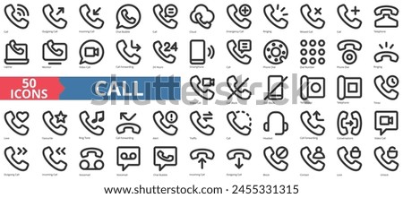 Call icon collection set. Containing phone, outgoing, incoming, chat bubble, cloud, emergency, ringing, missed icon. Simple line vector.
