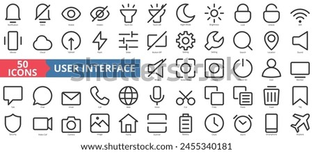 User interface icon collection set. Containing notification, silent, visible, hidden, torch on, off, night mode icon. Simple line vector.
