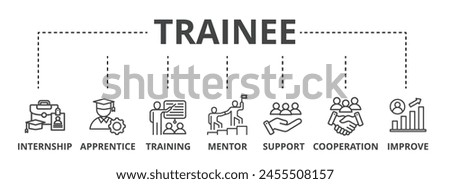 Trainee web banner icon vector illustration concept for internship training and learning program apprenticeship with intern, apprentice, training, mentor, support, cooperation and improve icon.