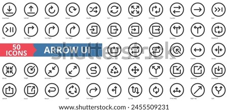 Arrow icon collection set. Containing download, upload, refresh, reload, shuffle, sync, expand icon. Simple line vector.