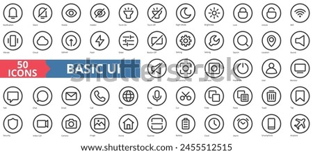 Basic UI icon collection set. Containing silent, visible, hidden, on, off, night mode, brightness icon. Simple line vector.