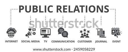 Public relations concept icon illustration contain internet, social media, tv, communication, customer, journal and event.