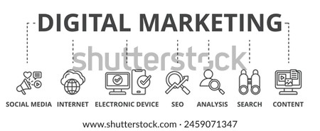 Digital marketing concept icon illustration contain social media, internet, electronic device, seo, analysis, search and content.