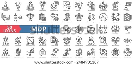 Management development program of mdp concept icon collection set. Containing leadership, strategic, team building, decision making, communication skill icon. Simple line vector.