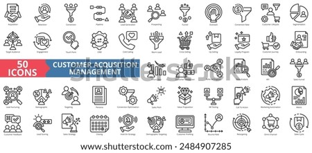 Customer acquisition management icon collection set. Containing retention, conversion, pipeline, lead generation, sales funnel icon. Simple line vector.