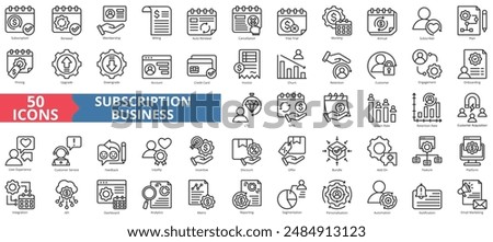 Subscription business icon collection set. Containing renewal, membership, billing, autorenewal, cancellation icon. Simple line vector.