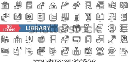 Library icon collection set. Containing book, shelf, reading, quiet, librarian, borrow, return, study, research icon. Simple line vector.