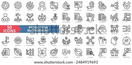 Productive management icon collection set. Containing efficiency, effectiveness, optimization, resource allocation, workflow, productivity icon. Simple line vector.