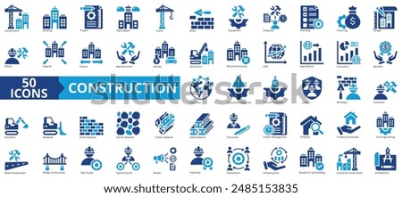 Construction icon collection set. Containing building, project, skyscraper, crane, build, equipment, prepared icon. Simple flat vector