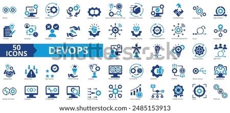 DevOps icon collection set. Containing software, development, operations, practice, combine, system development life cycle icon. Simple flat vector