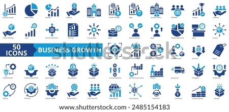 Business growth icon collection set. Containing market share, planning, revenue, decision making, strategy, idea, opportunity icon. Simple flat vector