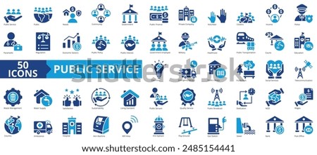 Public service icon collection set. Containing policy, needs, community, government employee, public finance, interest, volunteer icon. Simple flat vector