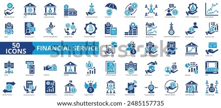 Financial service icon collection set. Containing bank, advisor, money, wealth management, insurance, foreign exchange, mutual funds icon. Simple flat vector.