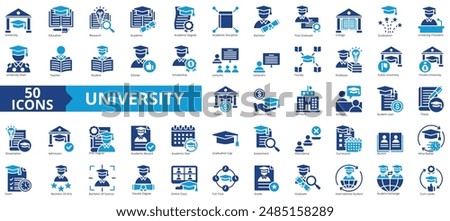 University icon collection set. Containing education, research, academic, degree, discipline, bachelor, post graduate icon. Simple flat vector.