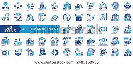 Asset management icon collection set. Containing systematic, approach, human capital, physical objects, buildings, equipment, intangible icon. Simple flat vector.