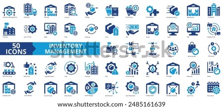 Inventory management icon collection set. Containing warehouse, company, industry, supply chain, storage, manufacturing, component icon. Simple flat vector illustration.