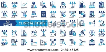 Clinical study icon collection set. Containing adverse event, baseline, double blind, blinding, case report form, endpoint, clinical trial icon. Simple flat vector illustration.