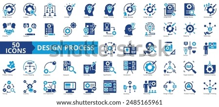 Design process icon collection set. Containing analysis, brainstorming, concept, creativity, design thinking, strategy, design brief icon. Simple flat vector illustration.