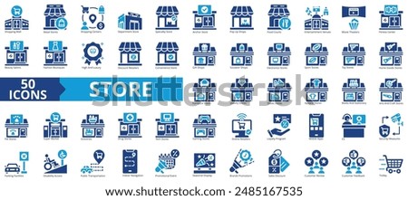 Store icon collection set. Containing retail, shopping centers, department store, trolley, groceries, loyalty program, brands promotions icon. Simple flat vector illustration.