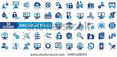 Hacker activity icon collection set. Containing hacker activity, artificial intelligence, cloud technology, worm virus, hacking, phishing, encryption icon. Simple line vector illustration.