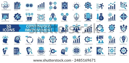 Continuous improvement icon collection set. Containing business, evaluation, innovation, hypothesis, management, optimization, performance icon. Simple flat vector illustration.