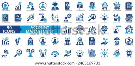 Account management icon collection set. Containing client engagement, retention, sales support, verified, business presentation, contract negotiation, upselling icon. Simple flat vector illustration.