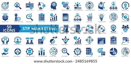 Stp marketing icon collection set. Containing target audience, customer needs, value proposition, loyalty program, marketing mix, retention, buyer persona icon. Simple flat vector illustration.