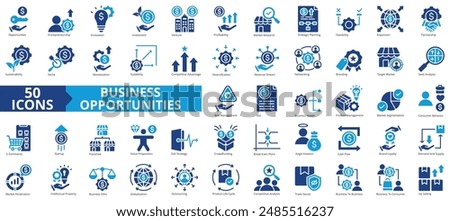 Business opportunities icon collection set. Containing entrepreneurship, innovation, investment, venture, profitability, market research, strategic planning icon. Simple flat vector.