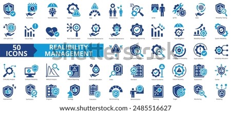 Reliability management icon collection set. Containing availability, maintainability, failure, risk, redundancy, fmea, mtbf icon. Simple flat vector.