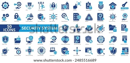 Security system icon collection set. Containing access control, cctv, intrusion detection, encryption, firewall, biometric, authentication icon. Simple flat  vector.