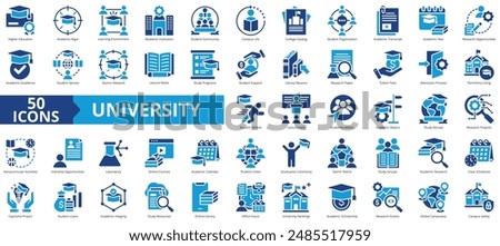 University icon collection set. Containing higher education, learning environment, research institution, student community, campus life, college catalog, organization icon. Simple flat vector.