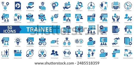 Trainee icon collection set. Containing learn skill, instruction, on the job training, gain knowledge, practical experience, entry level employee, trainee program, development icon. Simple flat vector