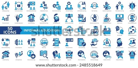 Informal Education icon collection set. Containing community classes, skill building workshops, independent study, non formal, training, self directed, peer teaching icon. Simple flat vector.