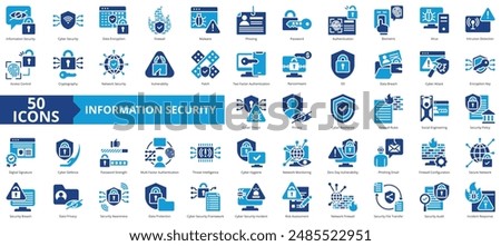 Information security icon collection set. Containing cyber, data encryption, firewall, malware, phishing, password, authentication icon. Simple flat  vector.