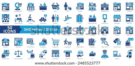 Shopping center icon collection set. Containing destination, retail park, cashier, basket, buyer, strip mall, shelf icon. Simple flat vector.