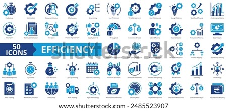 Efficiency icon collection set. Containing productivity, optimization, resource utilization, effectiveness, streamlining, lean processes, time management, cost icon. Simple flat vector.