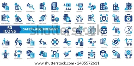 Safety requirement icon collection set. Containing risk assessment, hazard identification, policies, procedures, training, education, PPE icon. Simple flat vector.