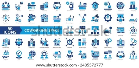 Coworking space icon collection set. Containing workers, cost savings, share, convenience, receptionist, home office, remote icon. Simple flat vector.