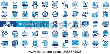 Virtual office icon collection set. Containing flexible, space, combination, services, technology, leasing, used icon. Simple flat vector.